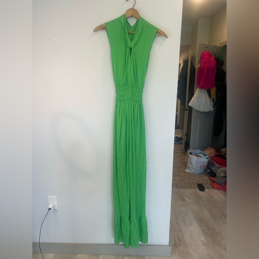 NOUVELLE SILK95FIVE Costantia Silk Maxi Dress Green Tie Keyhole Quiet Luxury S - Picture 11 of 13